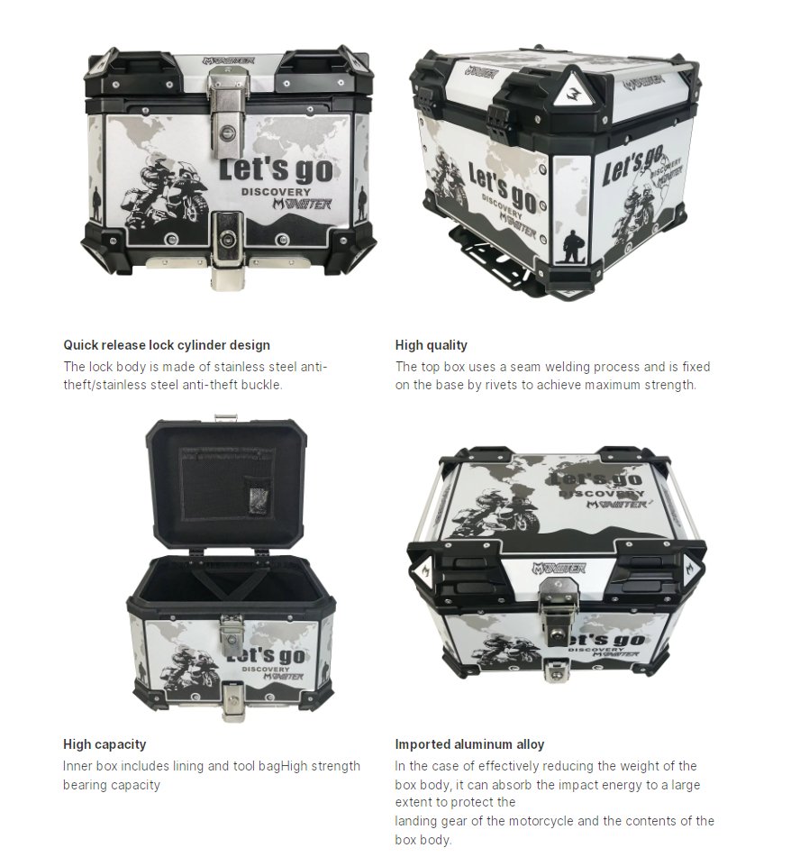 45L Aluminum Motorcycle Top Box Storage White Black Monster at KingsMotorcycleFairings.com
