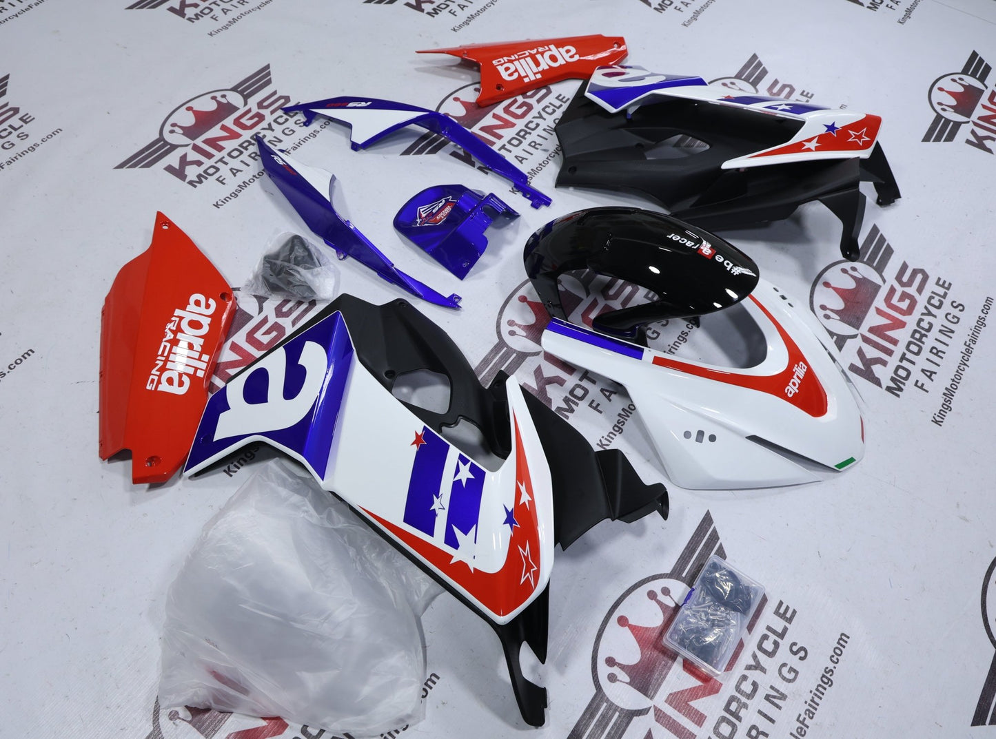 Aprilia RS660 Fairings (2020-2024) White, Blue, Red, Stars at KingsMotorcycleFairings.com