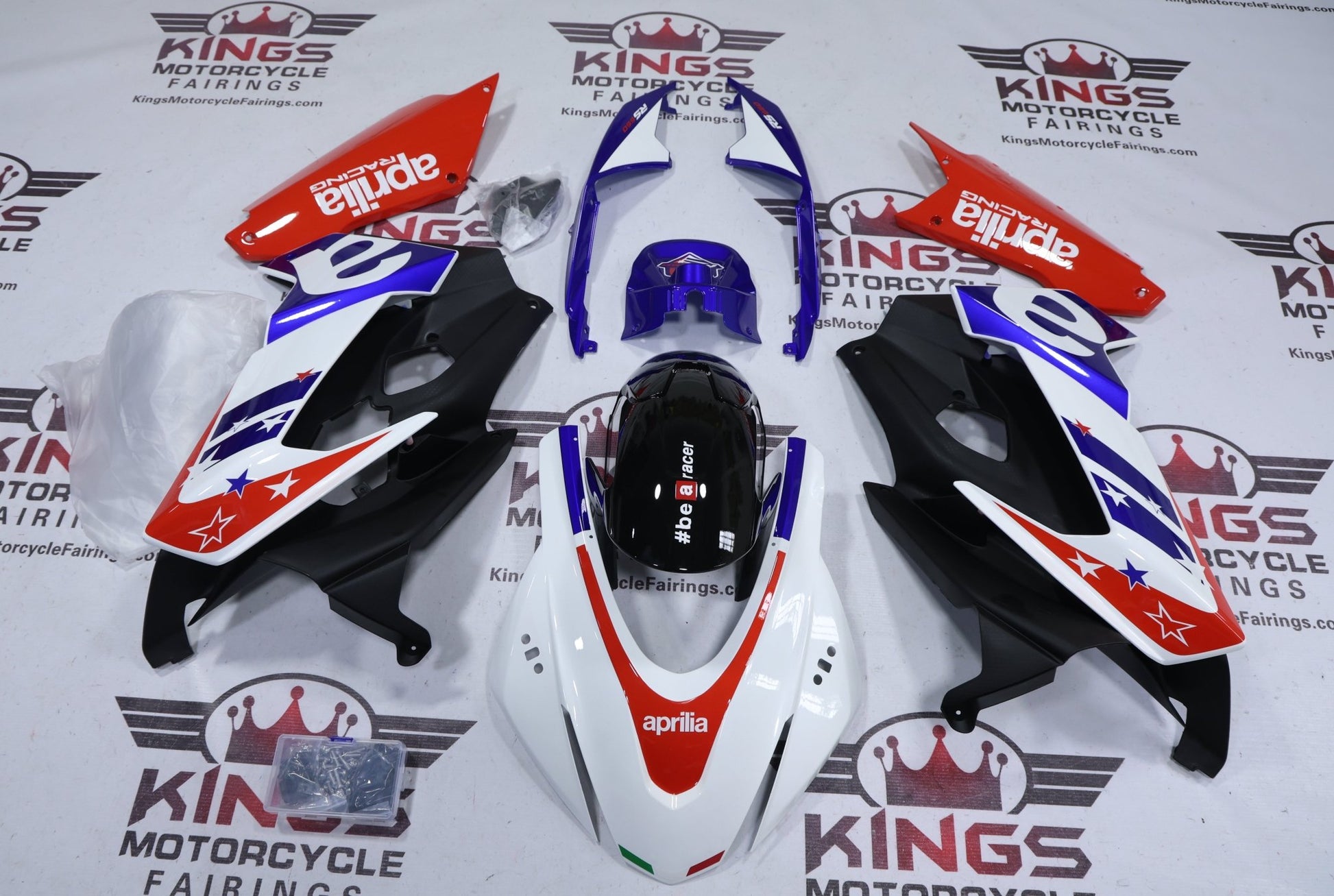 Aprilia RS660 Fairings (2020-2024) White, Blue, Red, Stars from KingsMotorcycleFairings.com