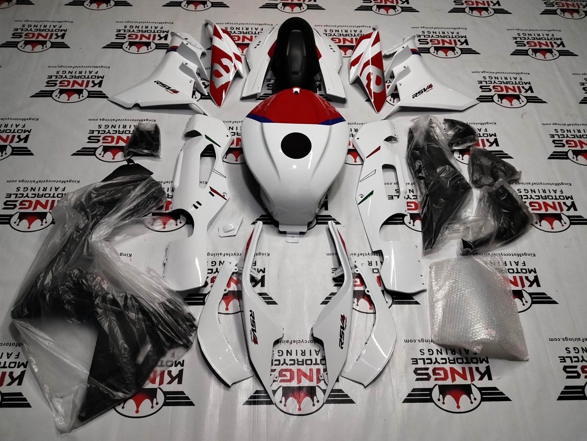 Aprilia RSV4 1100 Fairing Kit (2021-2024) White, Red, Blue by KingsMotorcycleFairings.com