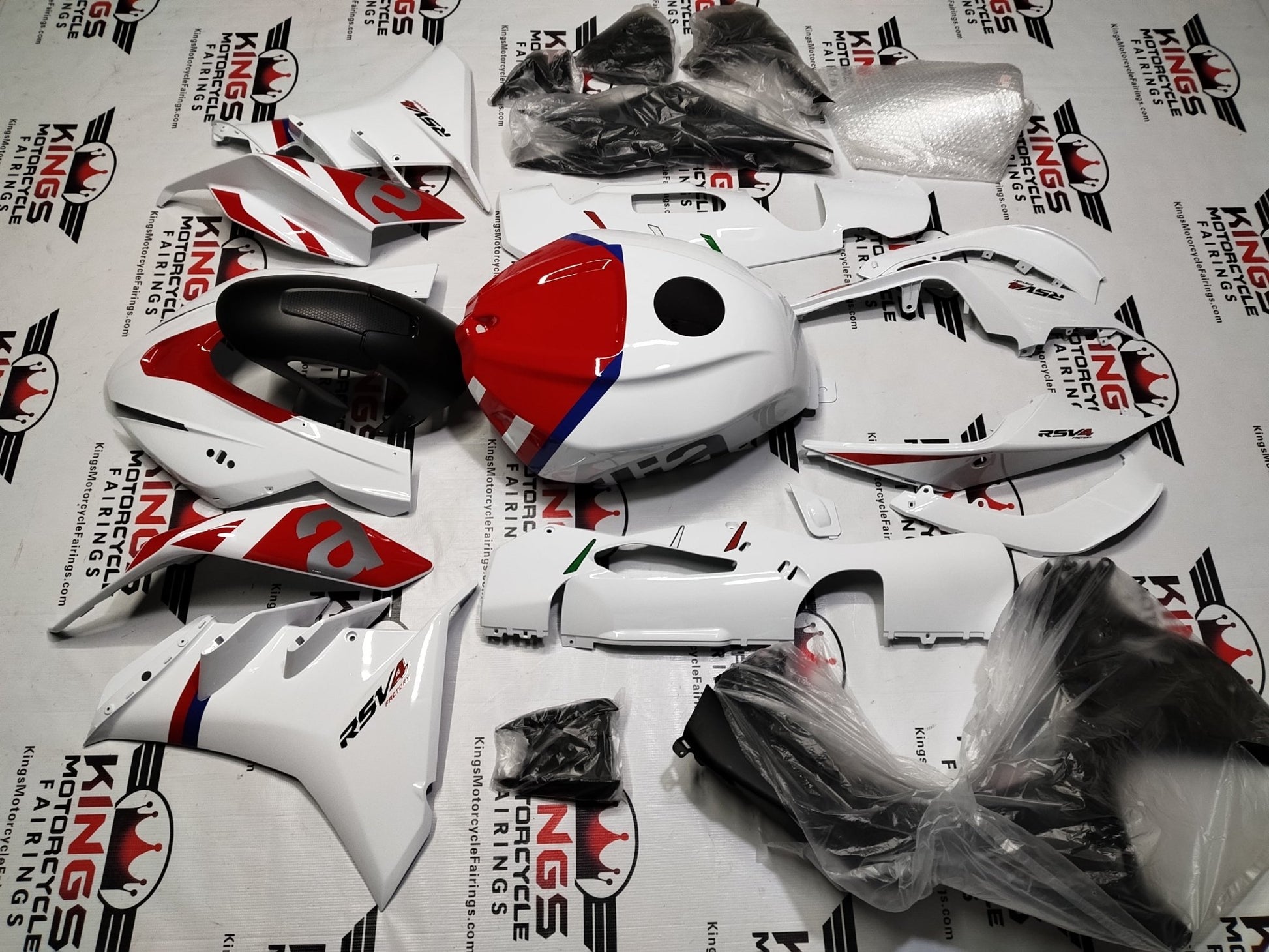Aprilia RSV4 1100 Fairing Set (2021-2024) White, Red, Blue, Gray at KingsMotorcycleFairings.com