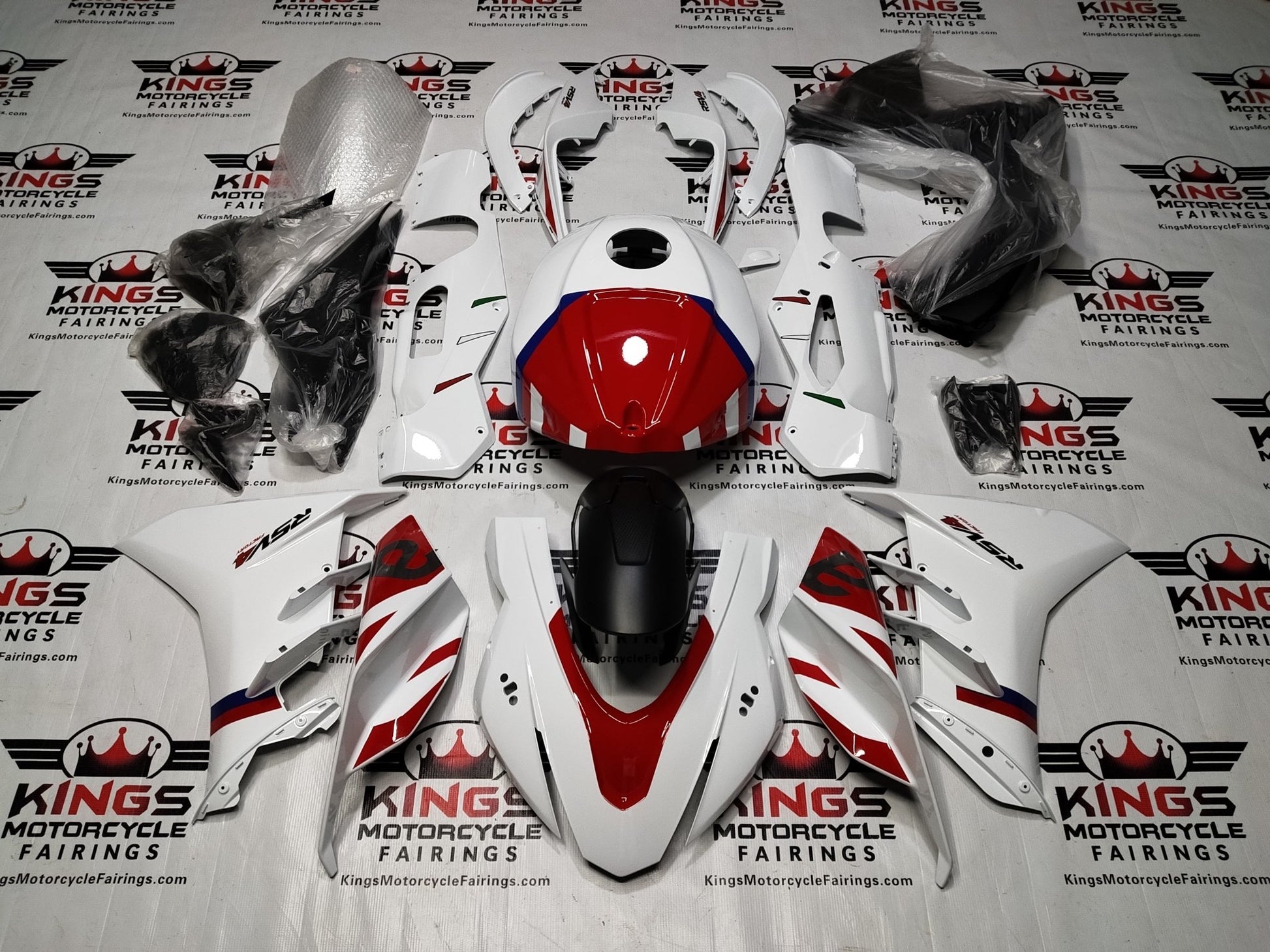 Aprilia RSV4 1100 Fairings (2021-2024) White, Red, Blue at KingsMotorcycleFairings.com