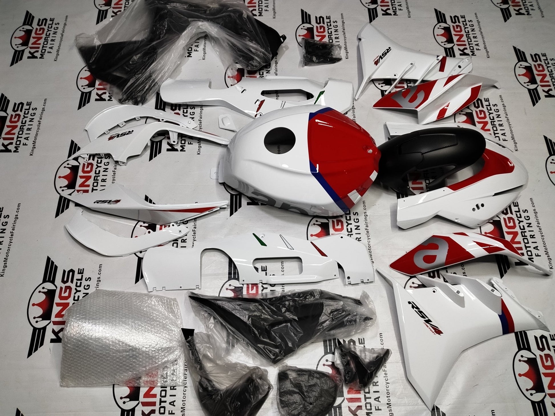 Aprilia RSV4 1100 Fairings (2021-2024) White, Red, Blue from KingsMotorcycleFairings.com
