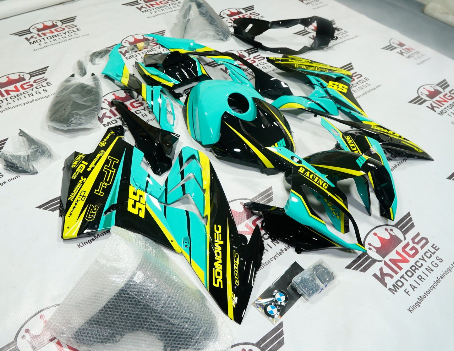 BMW S1000RR Fairings (2015-2016) Black, Turquoise, Yellow by KingsMotorcycleFairings.com