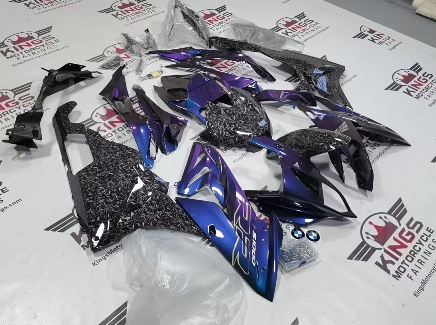 BMW S1000RR Fairings (2015-2016) Chameleon Blue, Faux Forged Carbon Fiber from KingsMotorcycleFairings.com