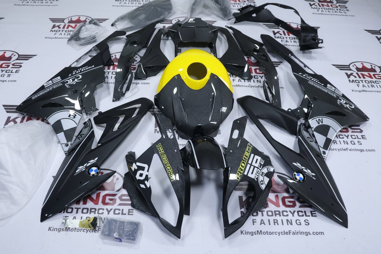 BMW S1000RR Fairings (2015-2016) Faux Carbon Fiber, Matte Black, Yellow at KingsMotorcycleFairings.com
