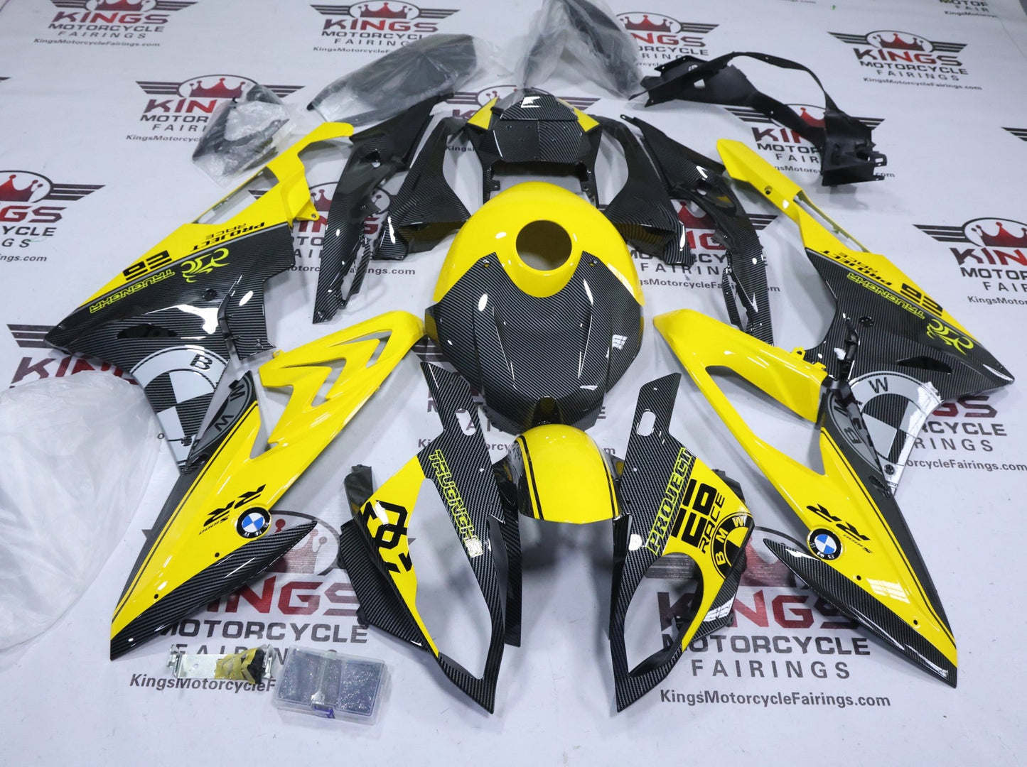 BMW S1000RR Fairings (2009-2014) Faux Carbon Fiber, Yellow from KingsMotorcycleFairings.com