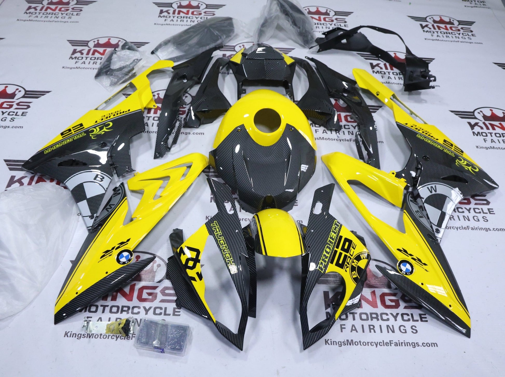 BMW S1000RR Fairings (2009-2014) Faux Carbon Fiber, Yellow from KingsMotorcycleFairings.com