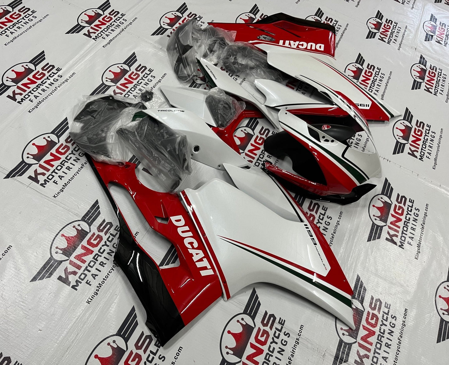 Ducati 1199 Fairing set (2011-2014) White, Red, Black Stripes at KingsMotorcycleFairings.com