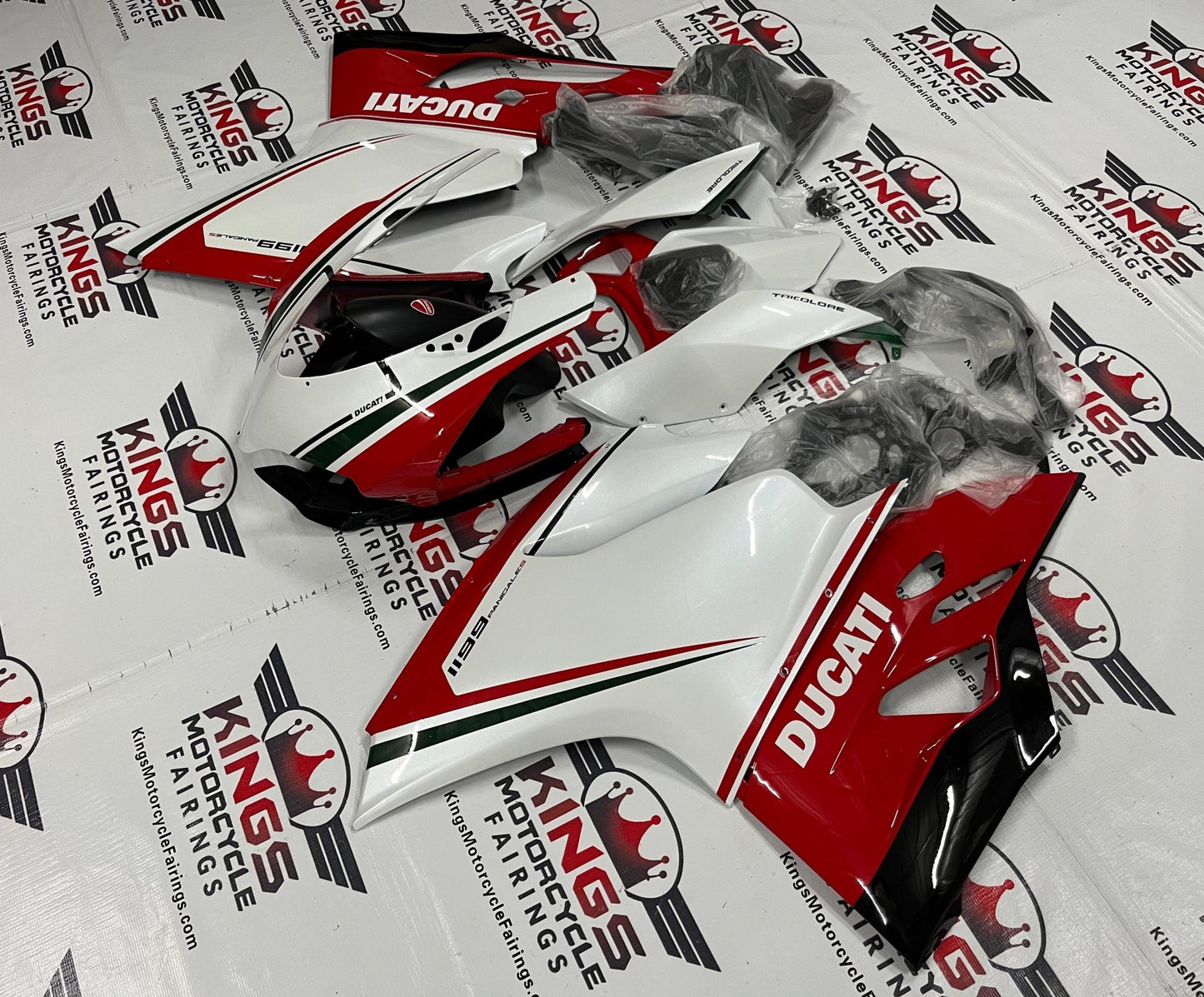 Ducati 1199 (2011-2014) Pearl White, Red, Green & Black Fairings at KingsMotorcycleFairings.com