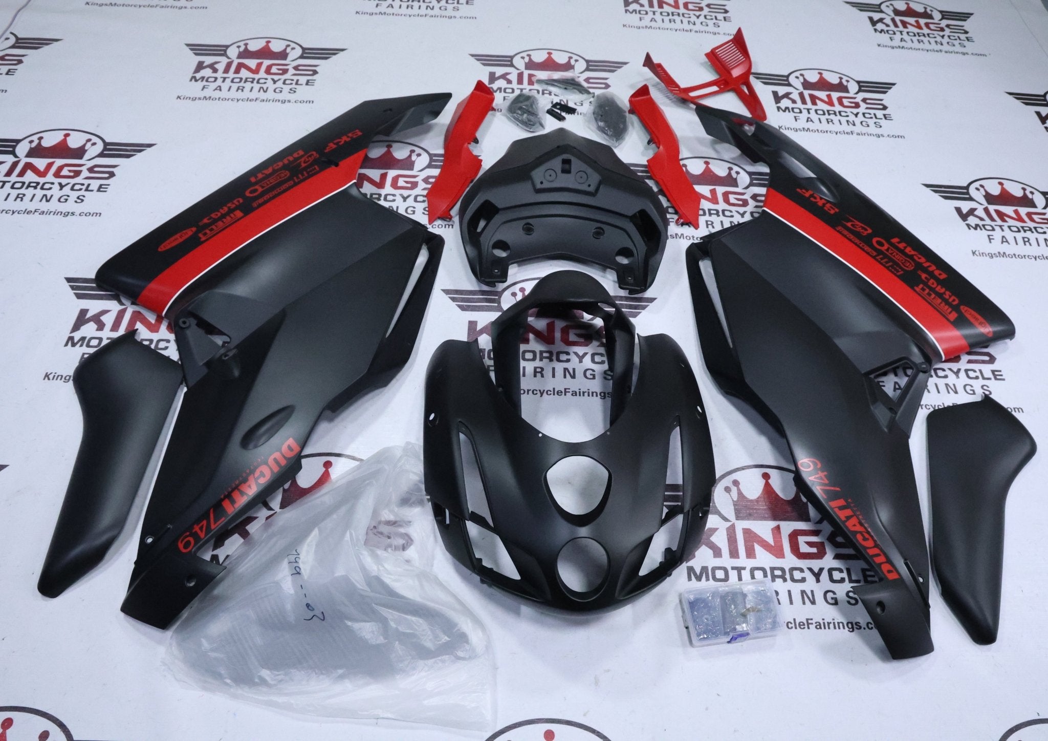 Ducati 749 Fairings (2003-2004) Matte Black, Red Stripe from KingsMotorcycleFairings.com