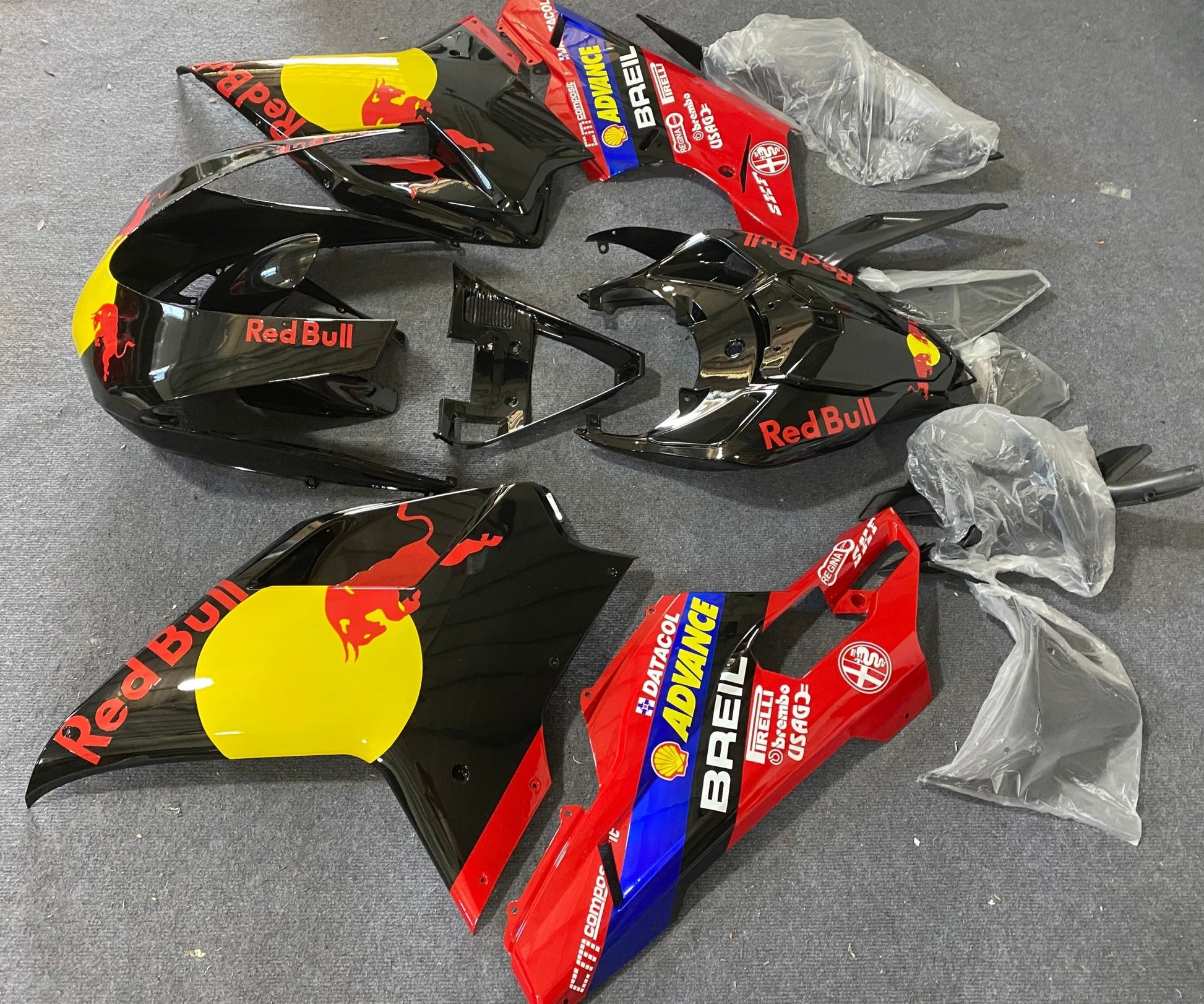 Ducati 848 (2007-2014) Black, Red, Yellow RedBull Race Fairing at KingsMotorcycleFairings.com