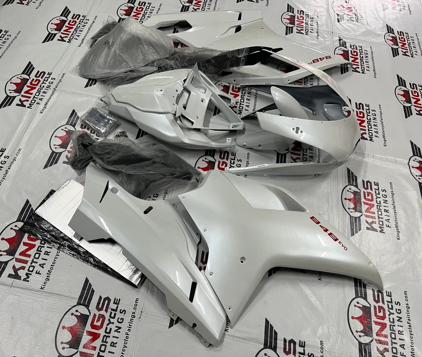 Ducati 848 (2007-2014) Pearl White, Red Fairings at KingsMotorcycleFairings.com