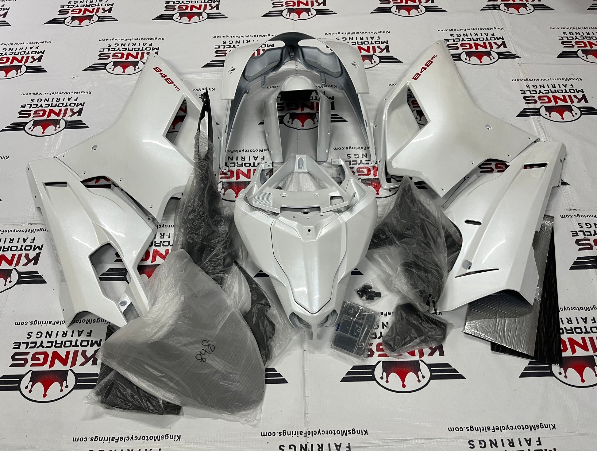 Ducati 848 (2007-2014) Pearl White, Red Fairings at KingsMotorcycleFairings.com