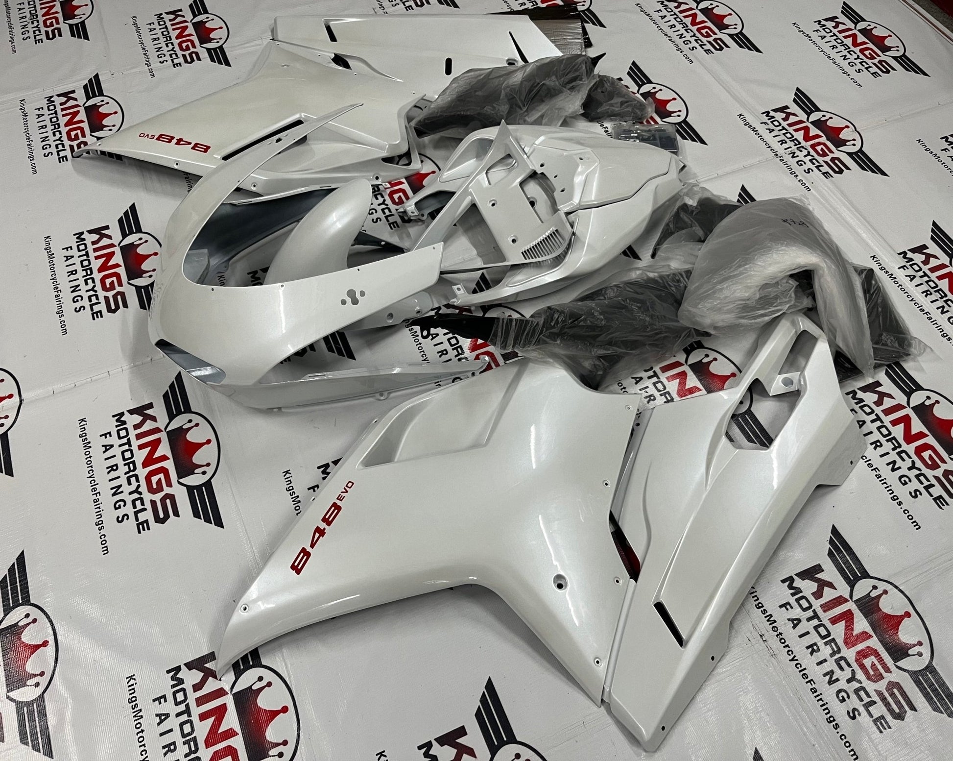 Ducati 848 (2007-2014) Pearl White, Red Fairings at KingsMotorcycleFairings.com