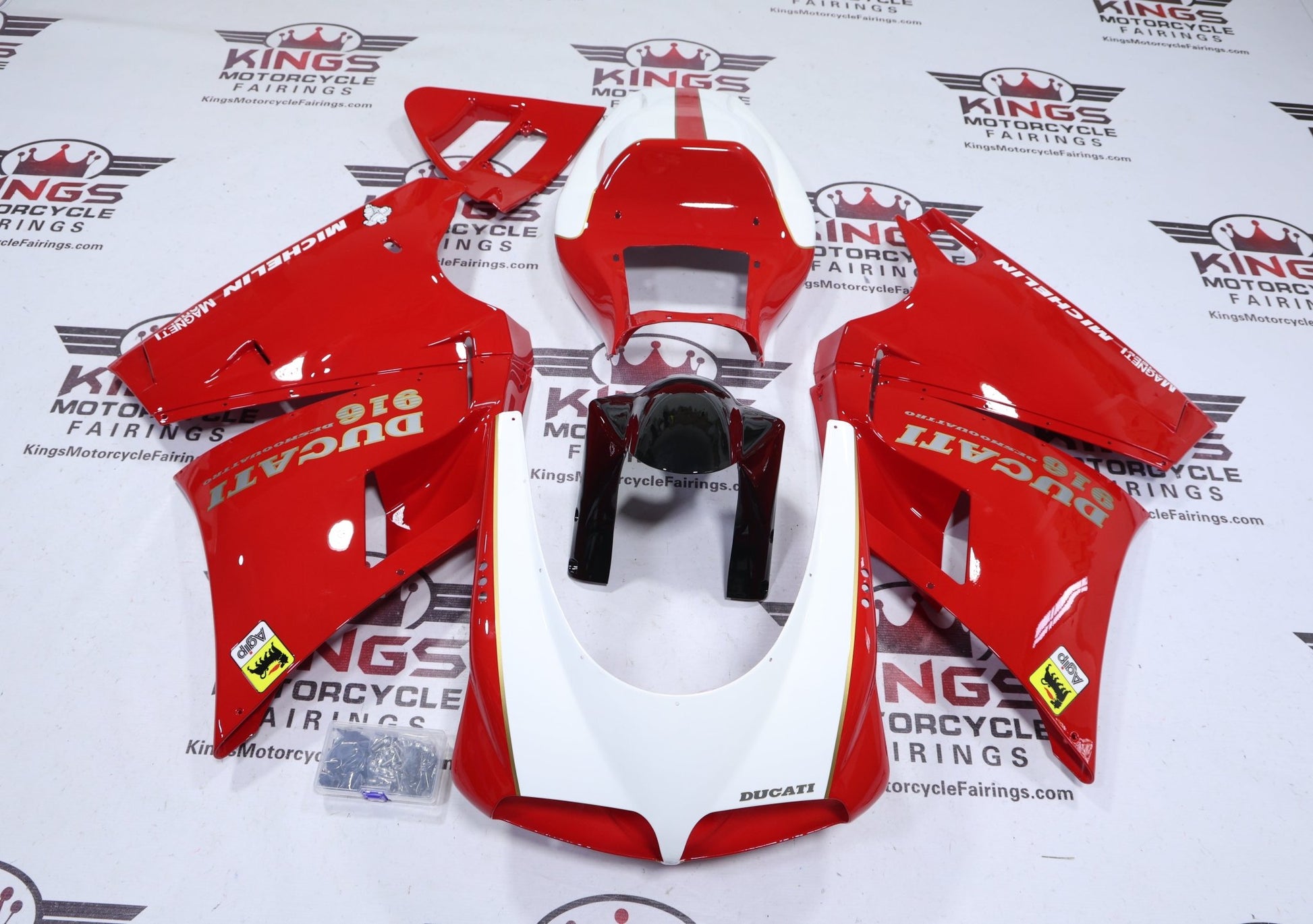 Ducati 916 Fairing Kit (1994-1999) Red, White, Black, Gold Pinstripe from KingsMotorcycleFairings.com
