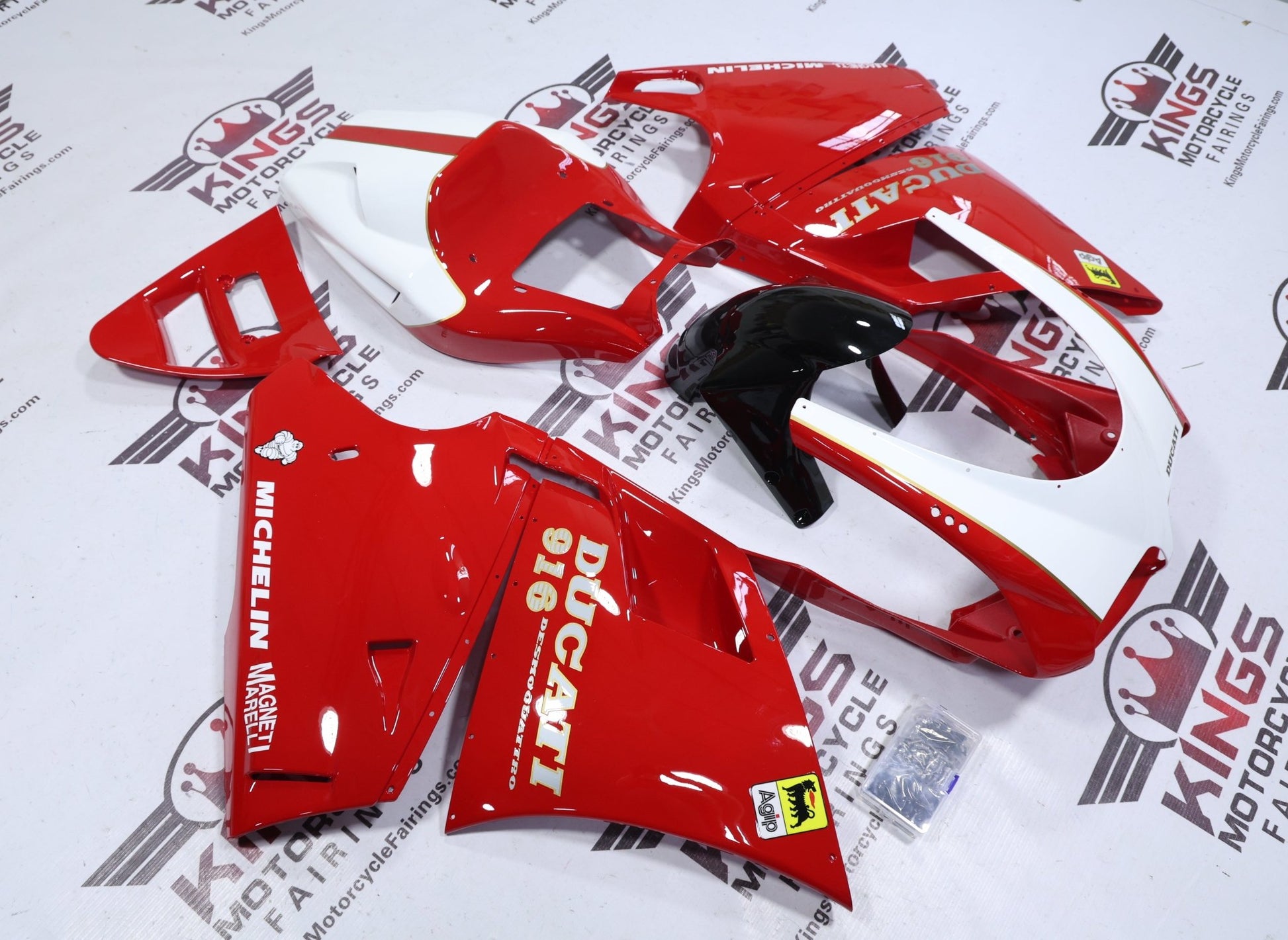 Ducati 916 Fairing Set (1994-1999) Red, White, Black, Gold Pinstripe from KingsMotorcycleFairings.com