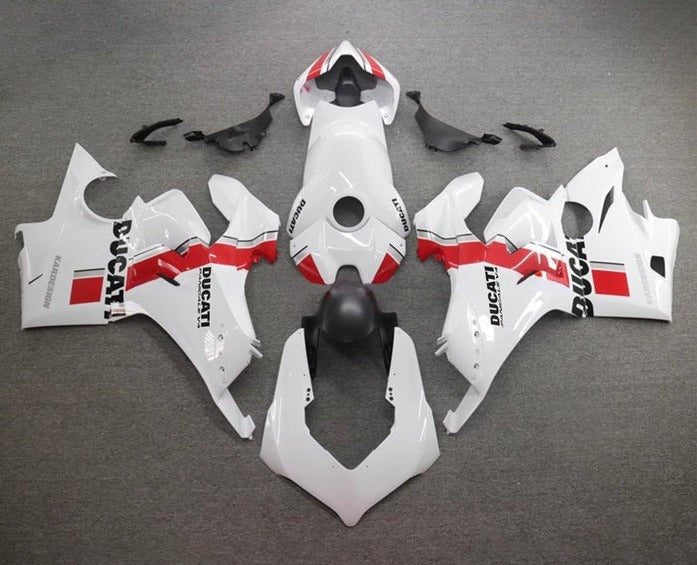 Ducati Panigale V4 Fairings (2020-2021) White, Black, Red Stripe at KingsMotorcycleFairings.com