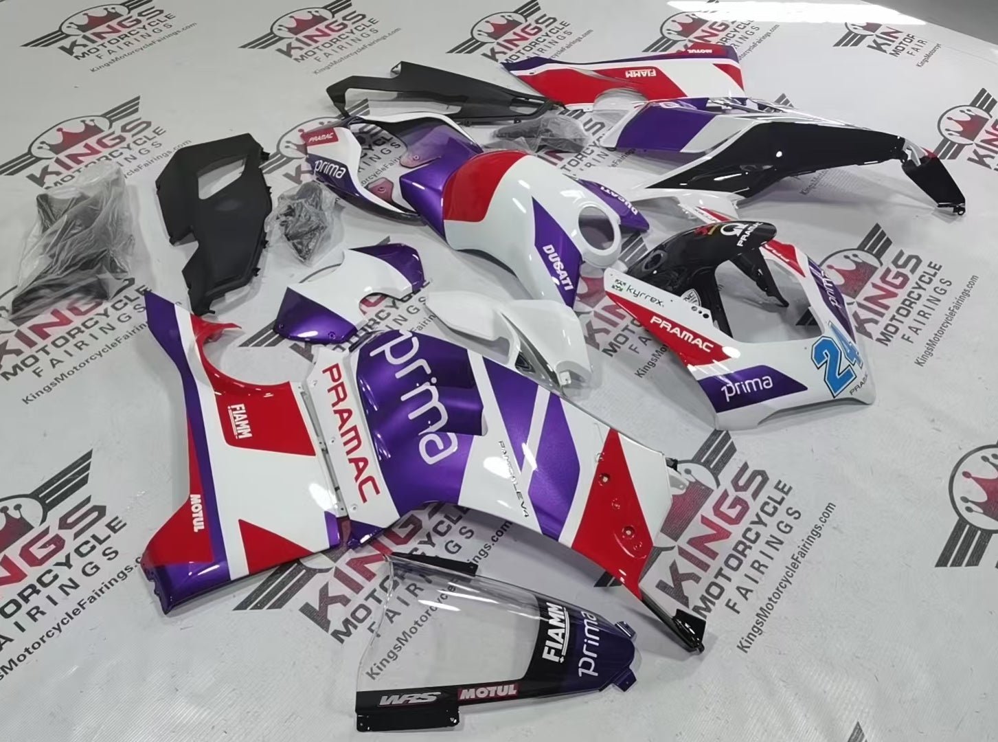 Ducati Panigale V4 Fairings (2020-2021) White, Red, Purple Pramac at KingsMotorcycleFairings.com