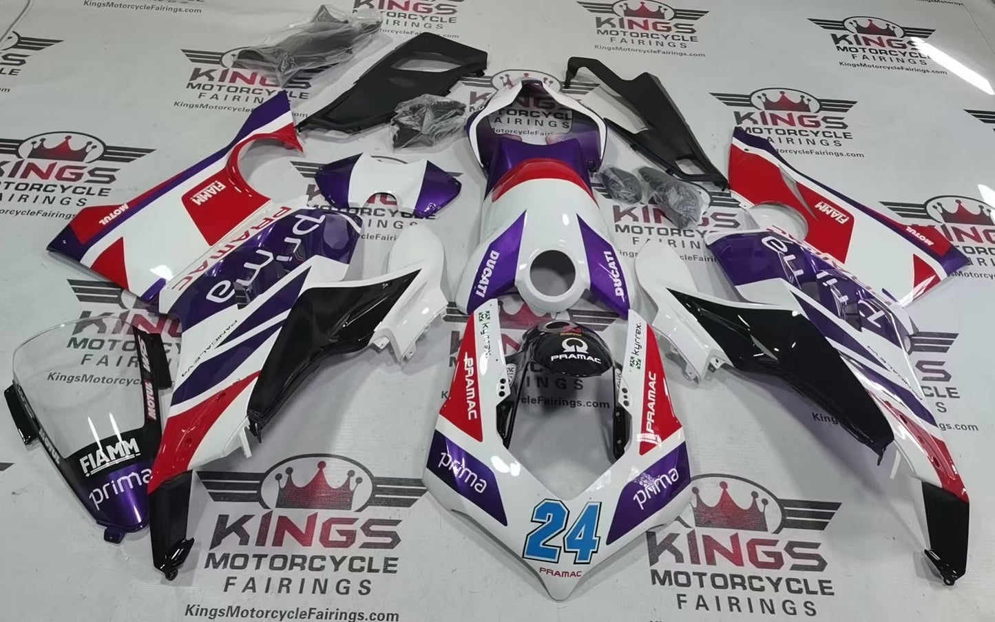 Ducati Panigale V4 Fairings (2020-2021) White, Red, Purple Pramac from KingsMotorcycleFairings.com