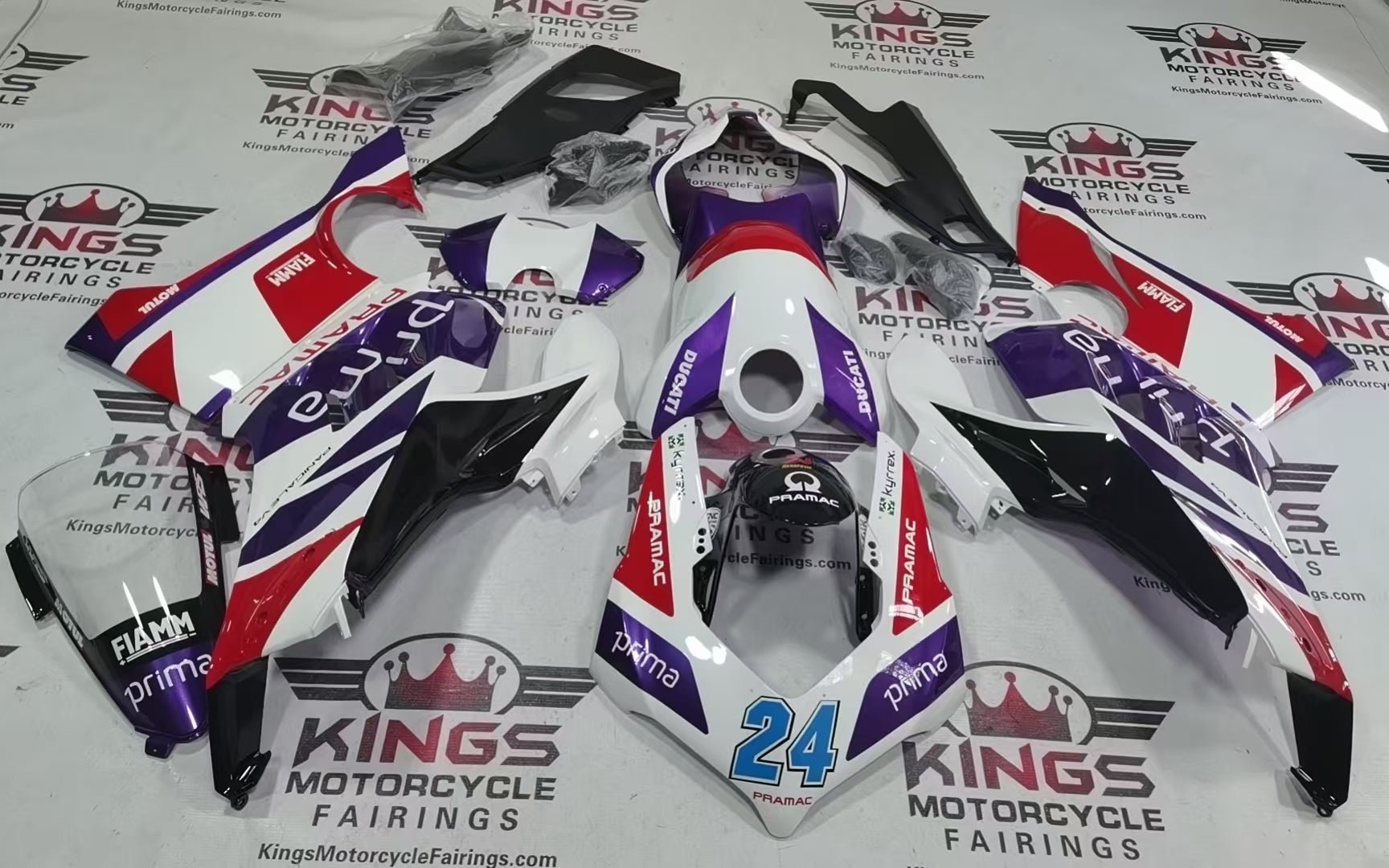 Ducati Panigale V4 Fairings (2020-2021) White, Red, Purple Pramac from KingsMotorcycleFairings.com