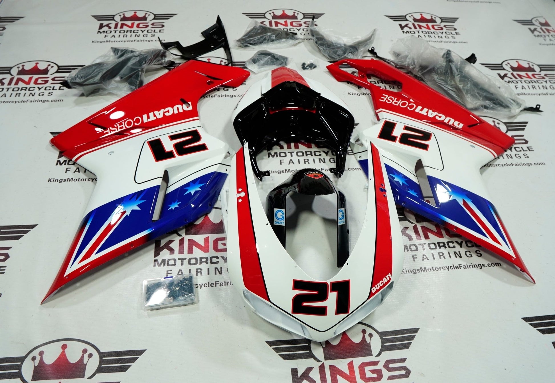 Ducati 1098 Fairing Kit (2007-2012) Red, White, Blue Bayliss Corse #21 at KingsMotorcycleFairings.com
