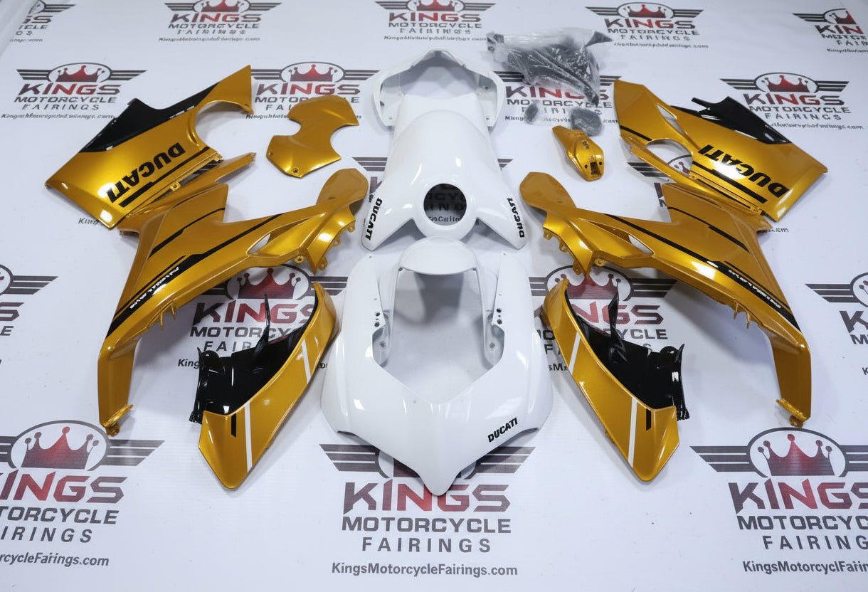Ducati Panigale V4S Fairings (2018-2019) White, Gold, Black from KingsMotorcycleFairings.com