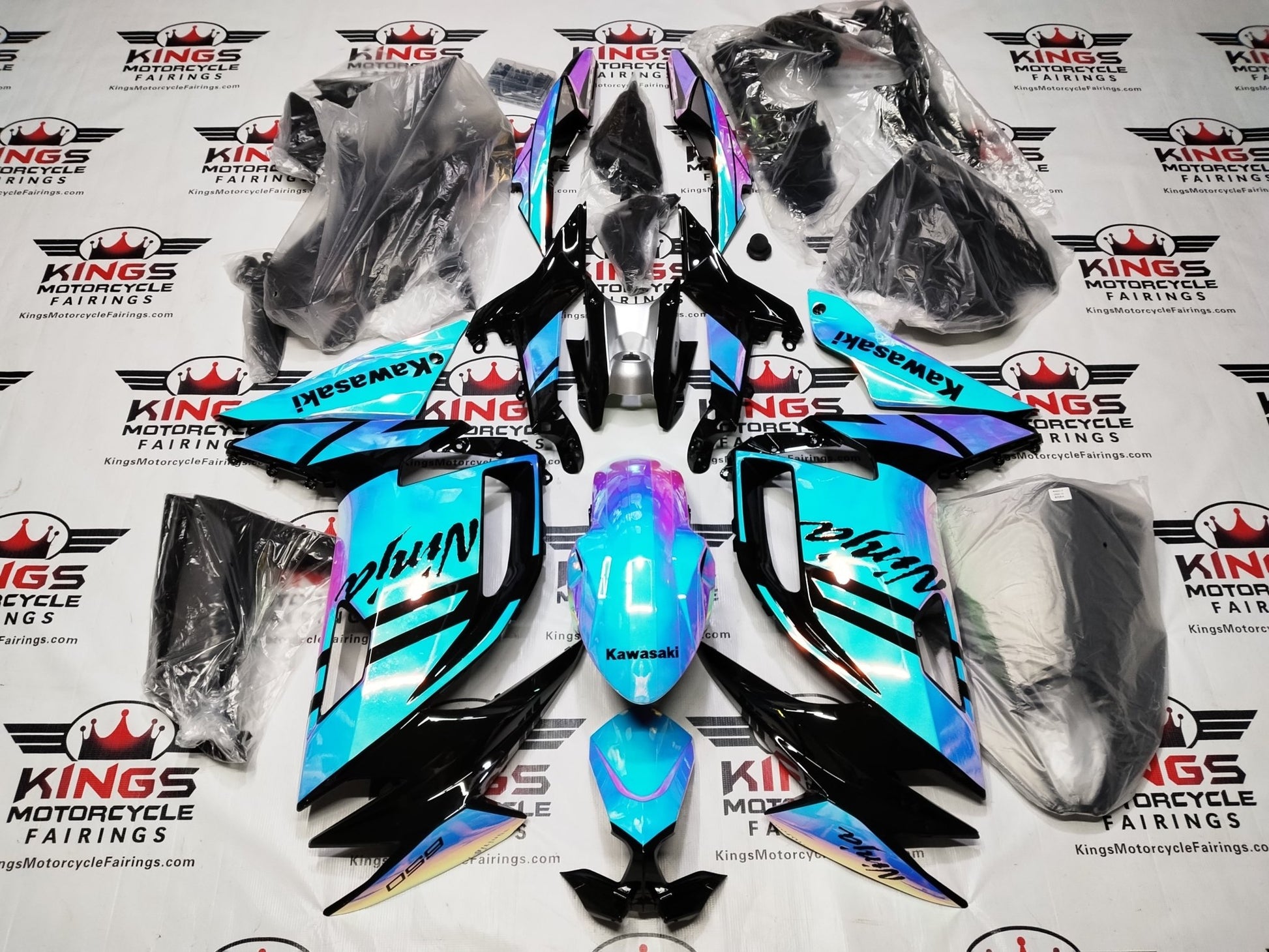 Fairing Kit for Kawasaki Ninja 650 (2020-2025) Blue, Pink, Chrome Chameleon from KingsMotorcycleFairings.com.