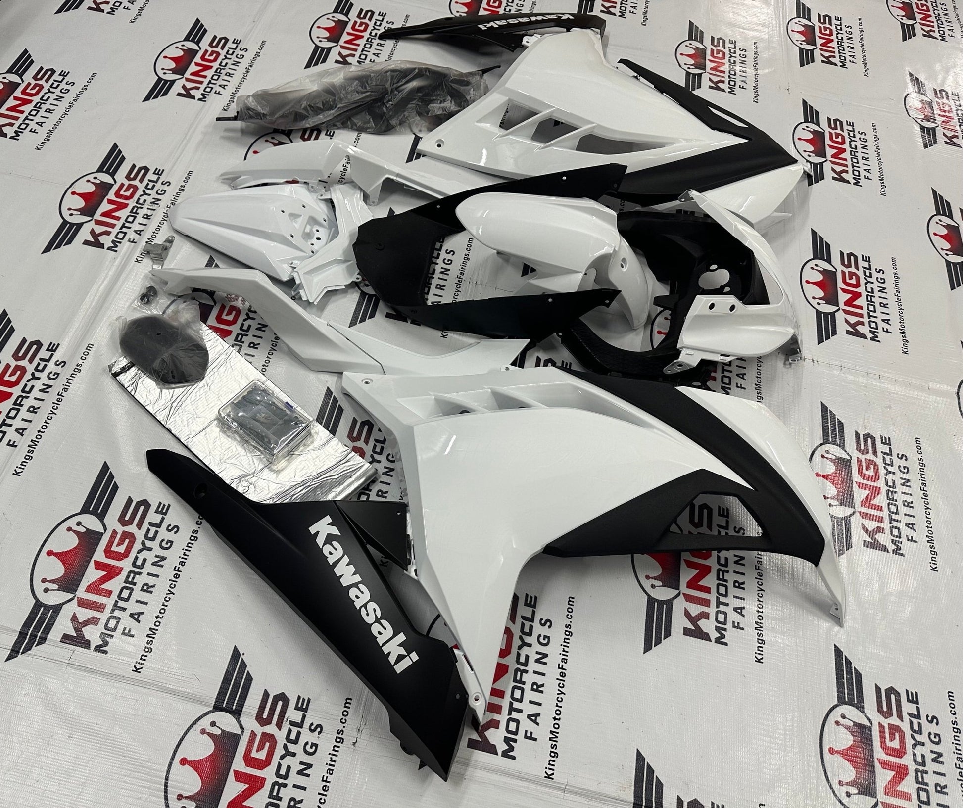 Kawasaki Ninja 300 Fairing set (2013-2024) Pearl White, Black at KingsMotorcycleFairings.com