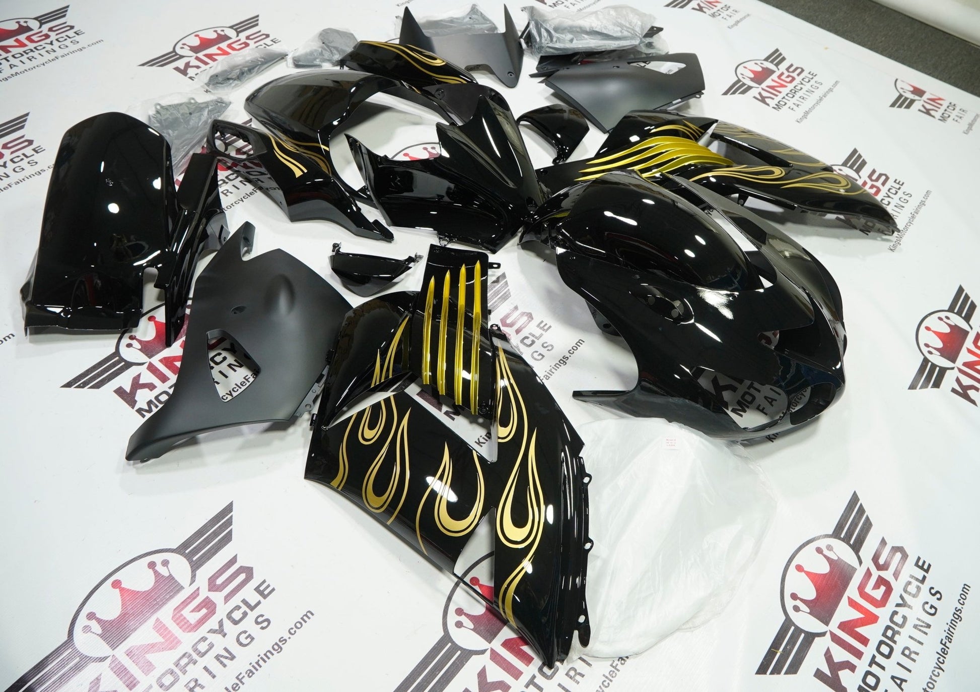 Fairing kit for a Kawasaki Ninja ZX14R (2006-2011) Black & Gold Flames at KingsMotorcycleFairings.com