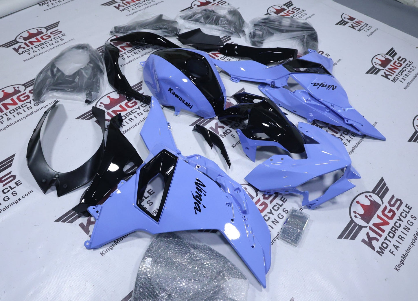 Fairings for Kawasaki Ninja 500 (2024-2025) Blue Pastel, Black from KingsMotorcycleFairings.com