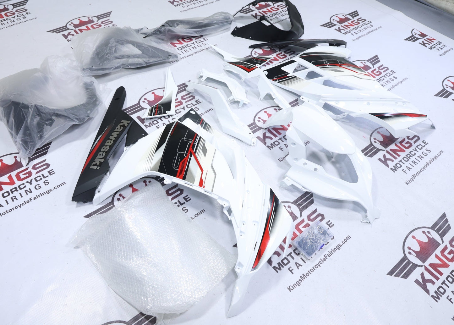 Fairings for Kawasaki Ninja 300 (2013-2024) White, Black, Red, Gray Stripes from KingsMotorcycleFairings.com