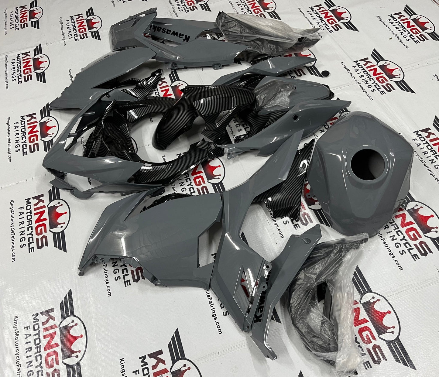 Fairings for Kawasaki Ninja 400 (2018-2023) Dark Nardo Gray, Faux Carbon Fiber at KingsMotorcycleFairings.com