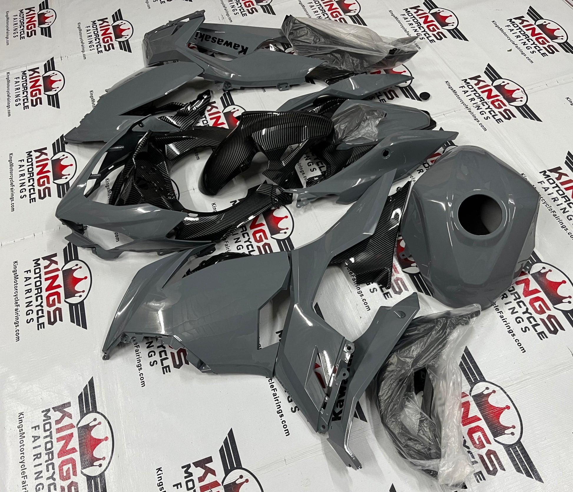 Fairings for Kawasaki Ninja 400 (2018-2023) Dark Nardo Gray, Faux Carbon Fiber at KingsMotorcycleFairings.com