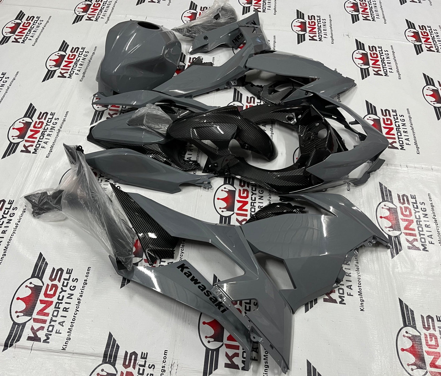 Fairings for Kawasaki Ninja 400 (2018-2023) Dark Nardo Gray, Faux Carbon Fiber at KingsMotorcycleFairings.com