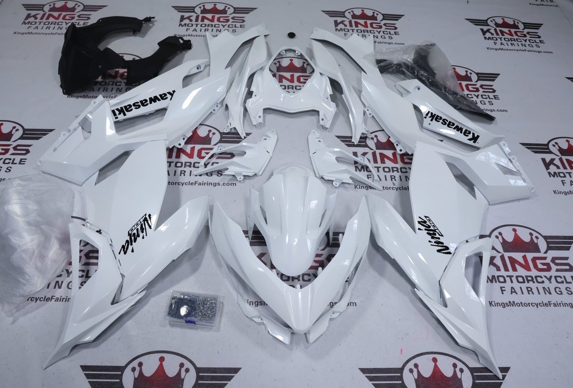 Fairings for Kawasaki Ninja 400 (2018-2023) Pearl White, Black at KingsMotorcycleFairings.com