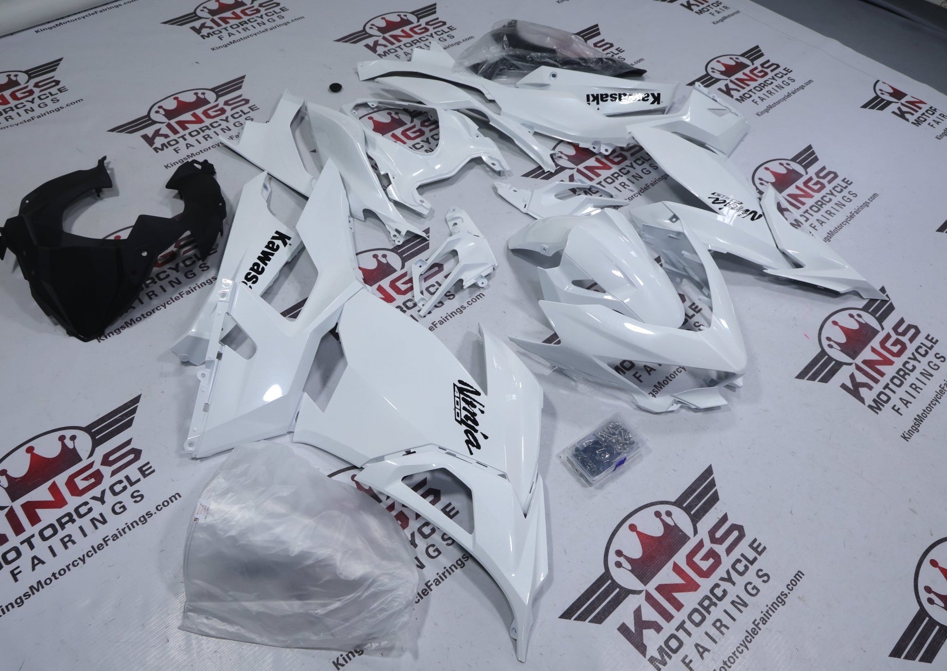 Fairings for Kawasaki Ninja 400 (2018-2023) Pearl White, Black from KingsMotorcycleFairings.com