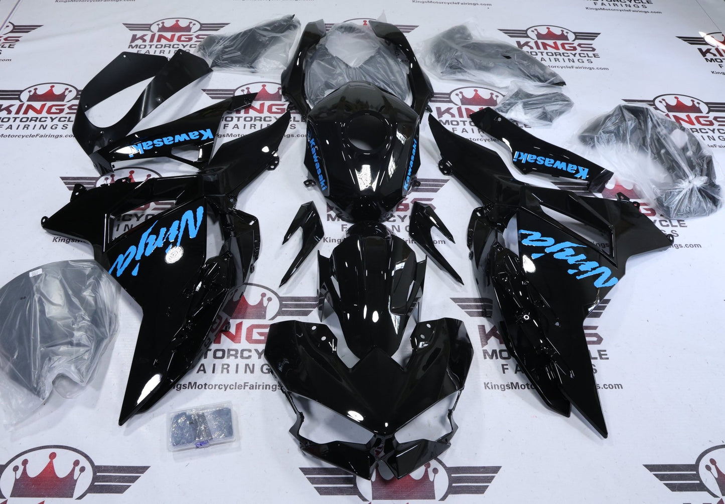 Fairings for Kawasaki Ninja 500 (2024-2025) Black, Baby Blue from KingsMotorcycleFairings.com