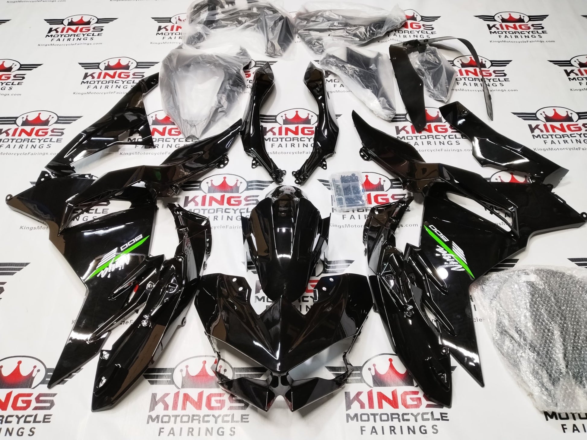 Fairings for Kawasaki Ninja 500 (2024-2025) Black, Green, White at KingsMotorcycleFairings.com