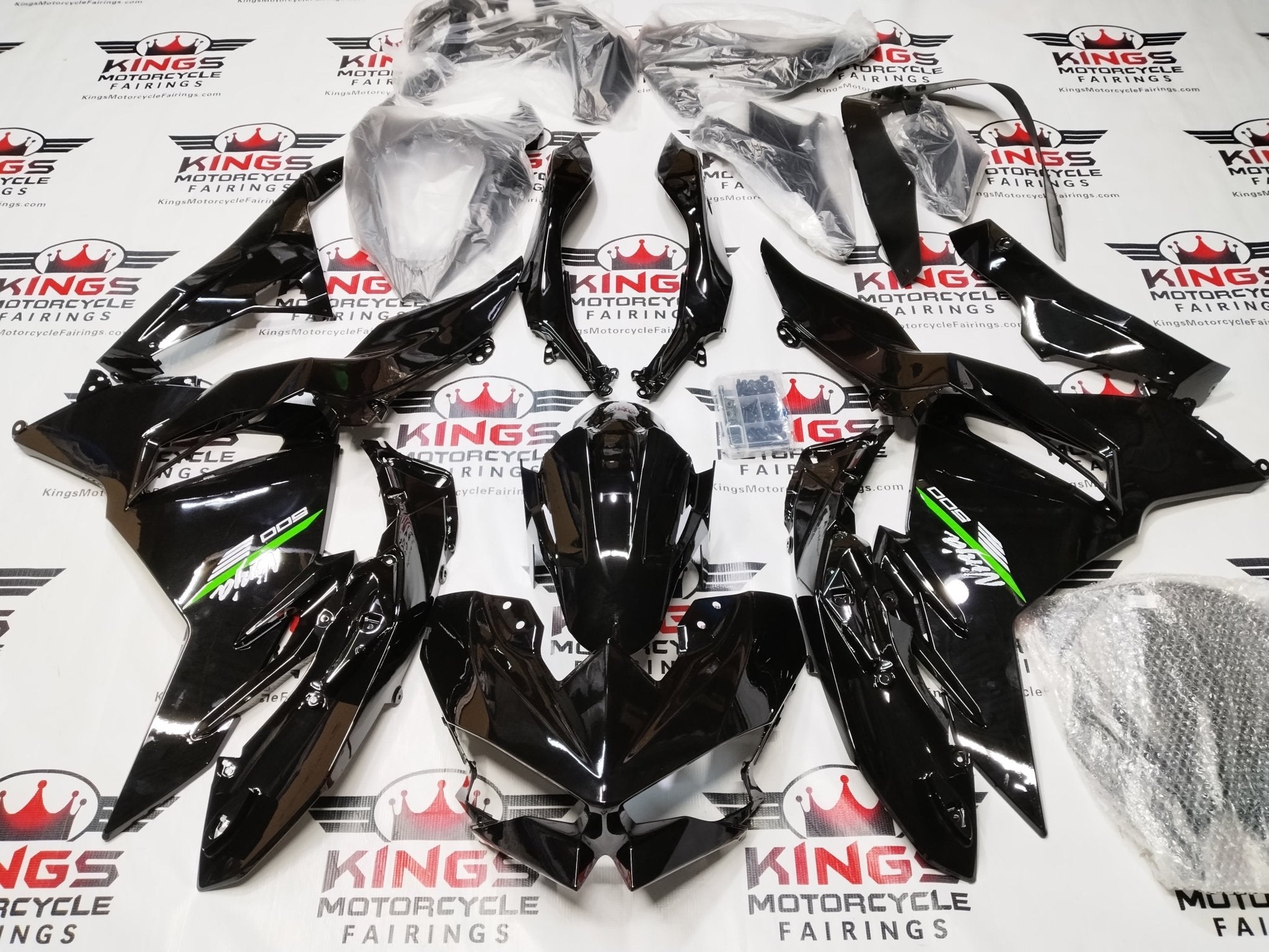 Fairings for Kawasaki Ninja 500 (2024-2025) Black, Green, White at KingsMotorcycleFairings.com