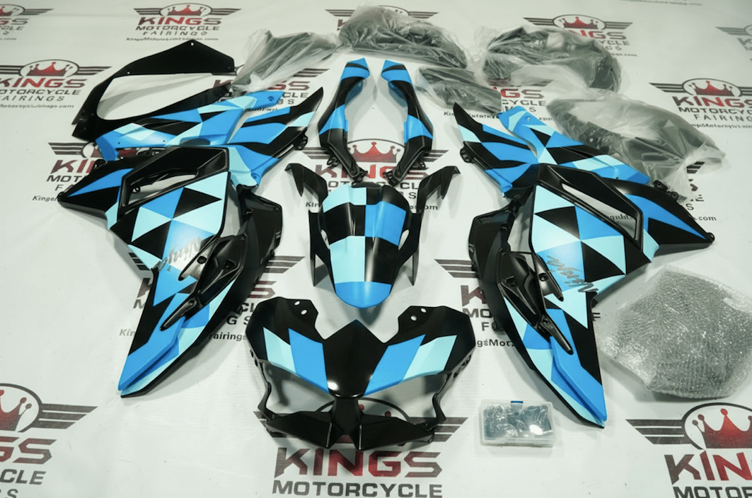 Fairings for Kawasaki Ninja 500 (2024-2025) Matte Black, Blue Geometric at KingsMotorcycleFairings.com
