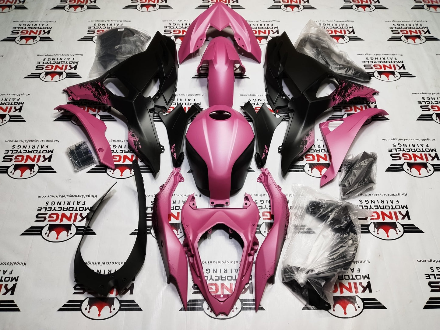 Fairings for Kawasaki Ninja 500 (2024-2025) Matte Black, Pink Splash from KingsMotorcycleFairings.com