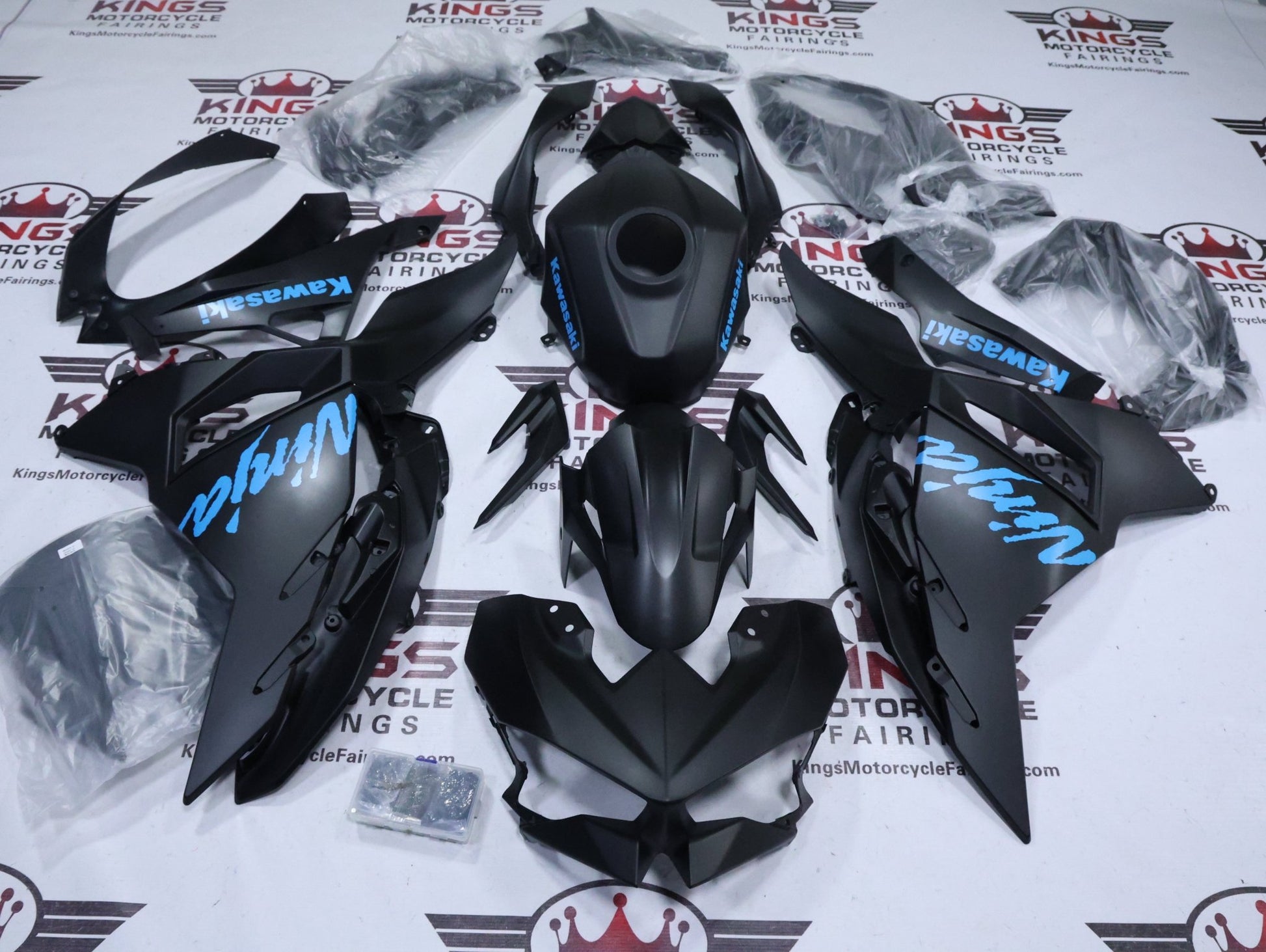 Fairings for Kawasaki Ninja 500 (2024-2025) Matte Black, Sky Blue at KingsMotorcycleFairings.com