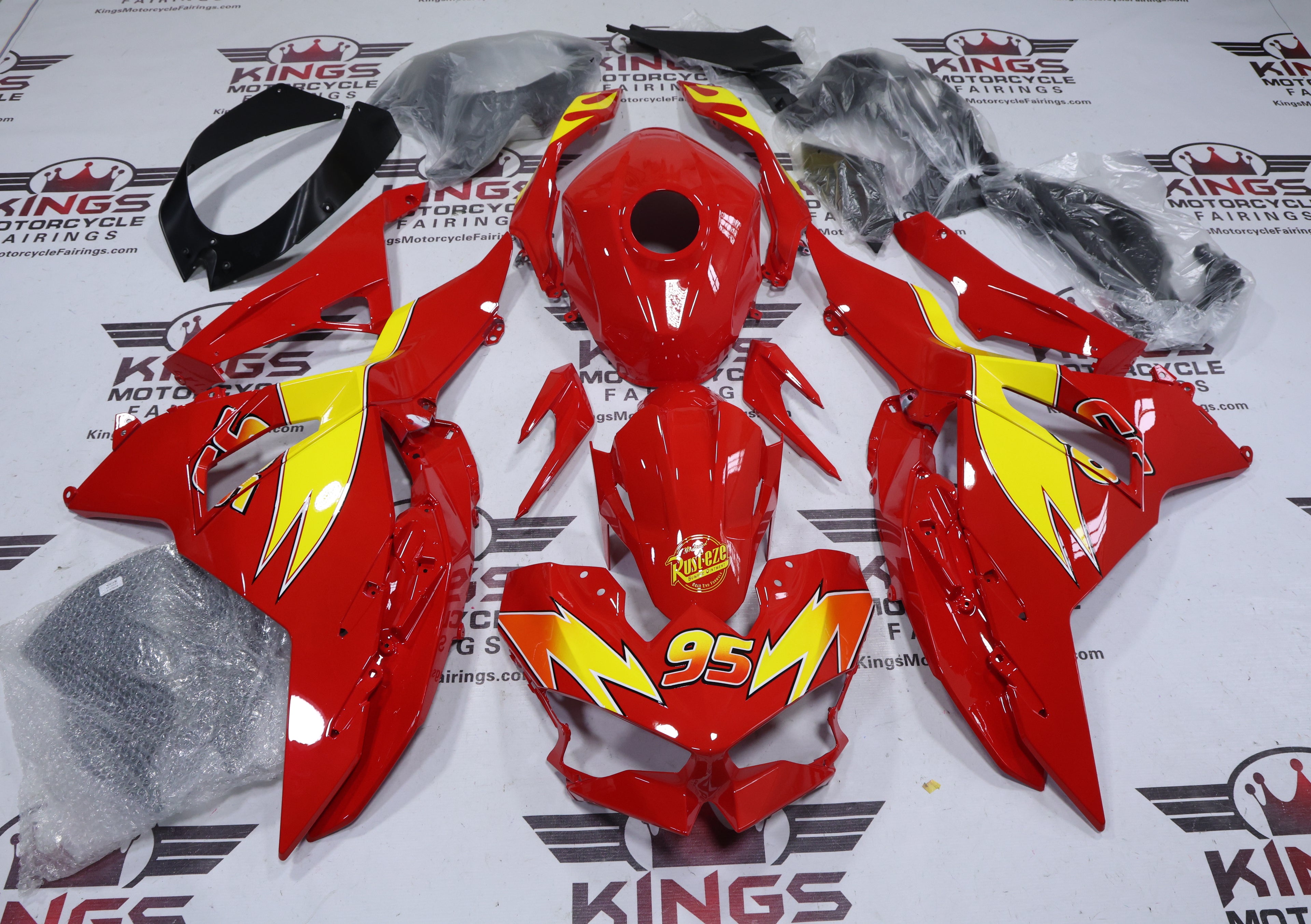 Fairings for Kawasaki Ninja 500 (2024-2025) Red, Yellow, Rusteze 95 from KingsMotorcycleFairings.com