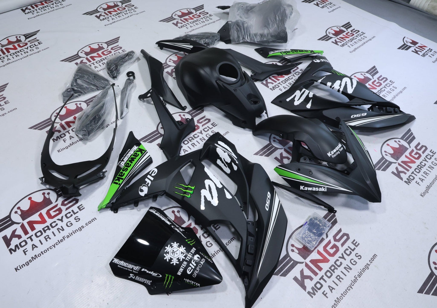 Fairings for Kawasaki Ninja 650 (2017-2019) Matte Black, Green, White Monster at KingsMotorcycleFairings.com