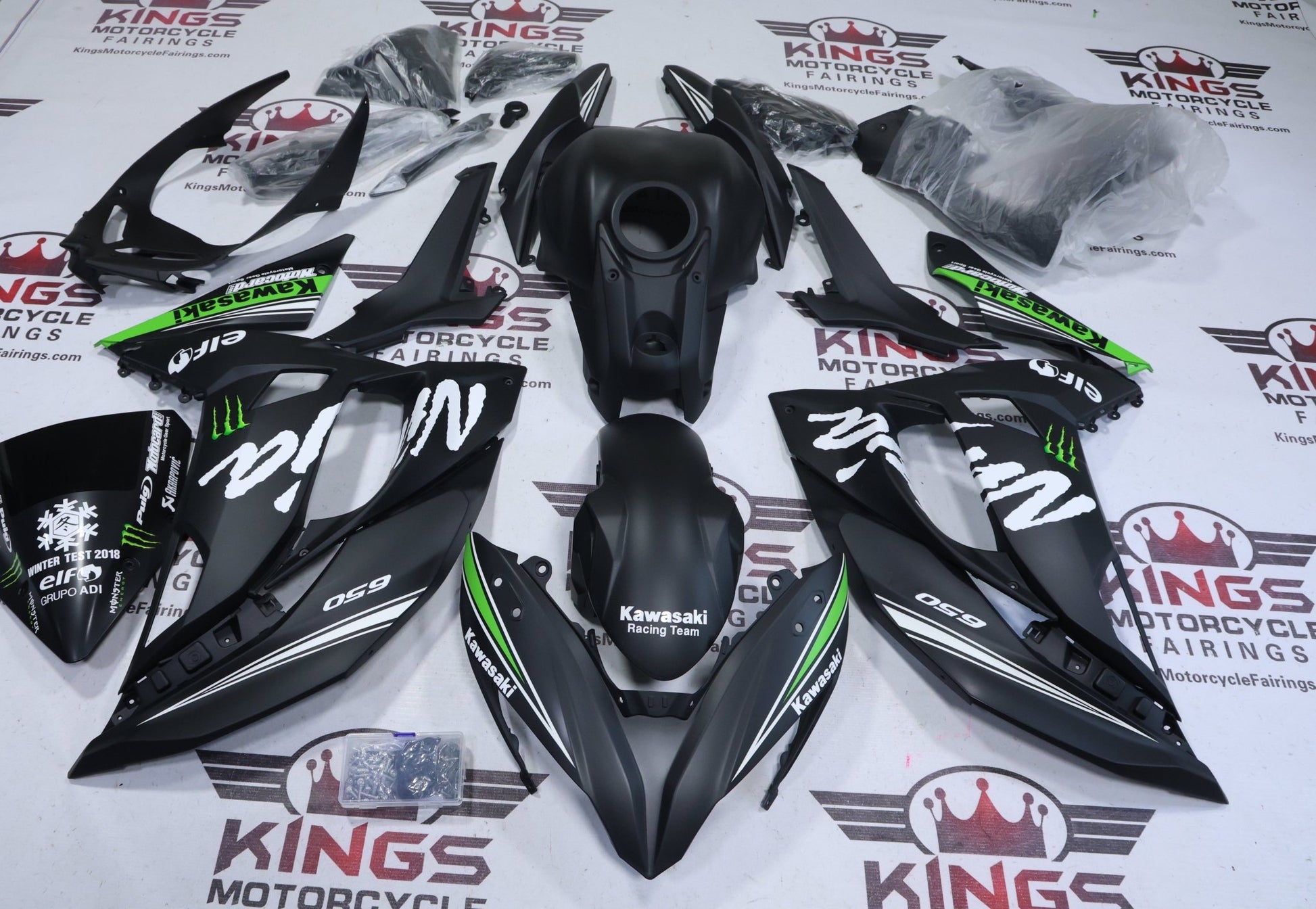Fairings for Kawasaki Ninja 650 (2017-2019) Matte Black, Green, White Monster from KingsMotorcycleFairings.com