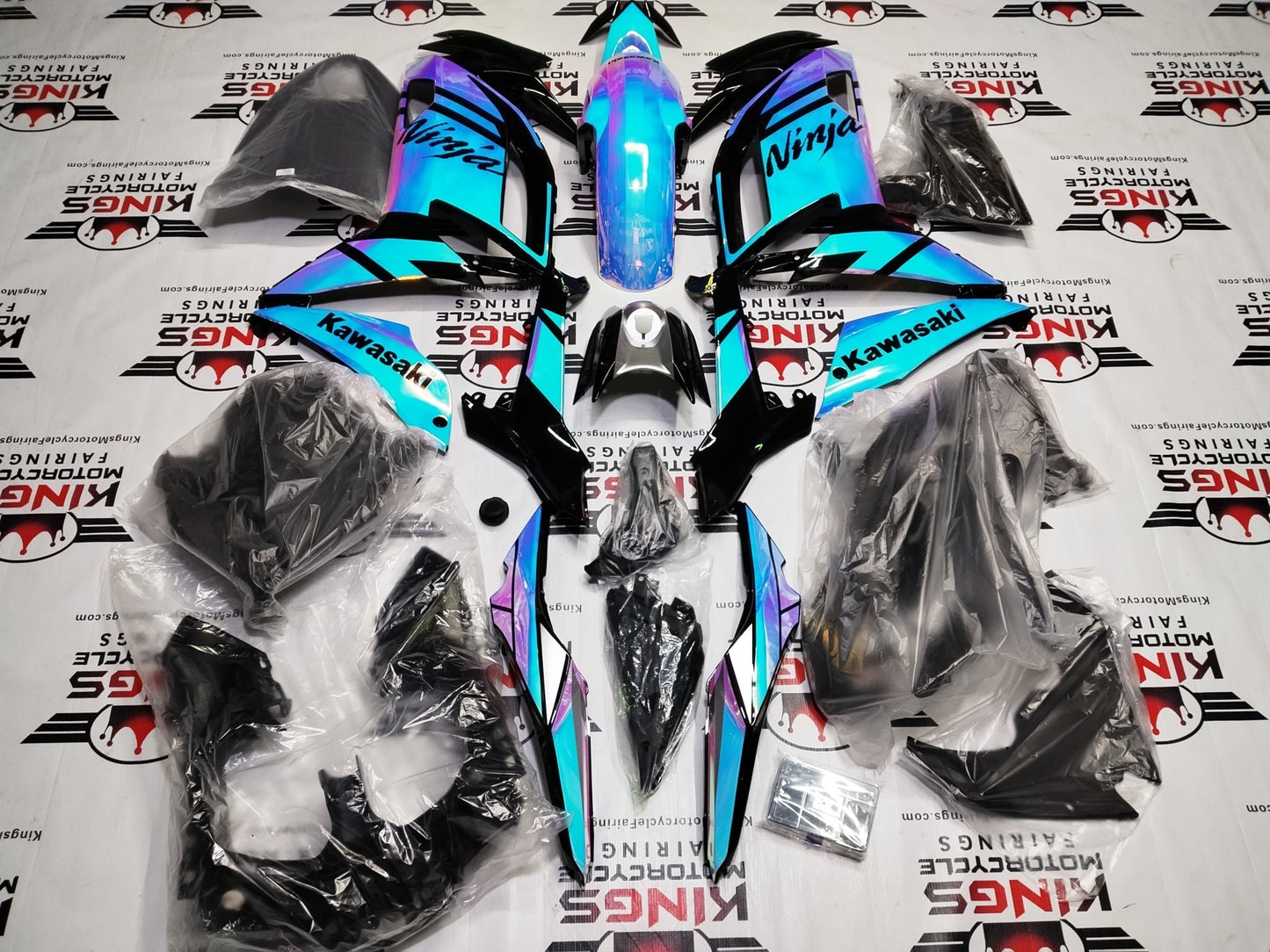 Fairings for Kawasaki Ninja 650 (2020-2025) Chrome Chameleon, Blue, Pink from KingsMotorcycleFairings.com
