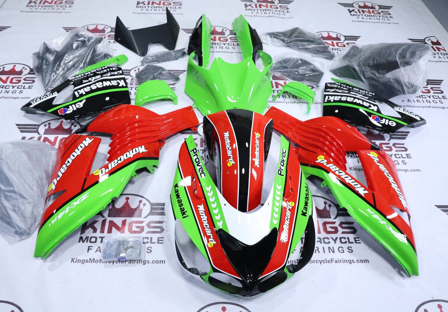 Fairings for Kawasaki Ninja ZX14R (2006-2011) Green, Red, Motocard at KingsMotorcycleFairings.com
