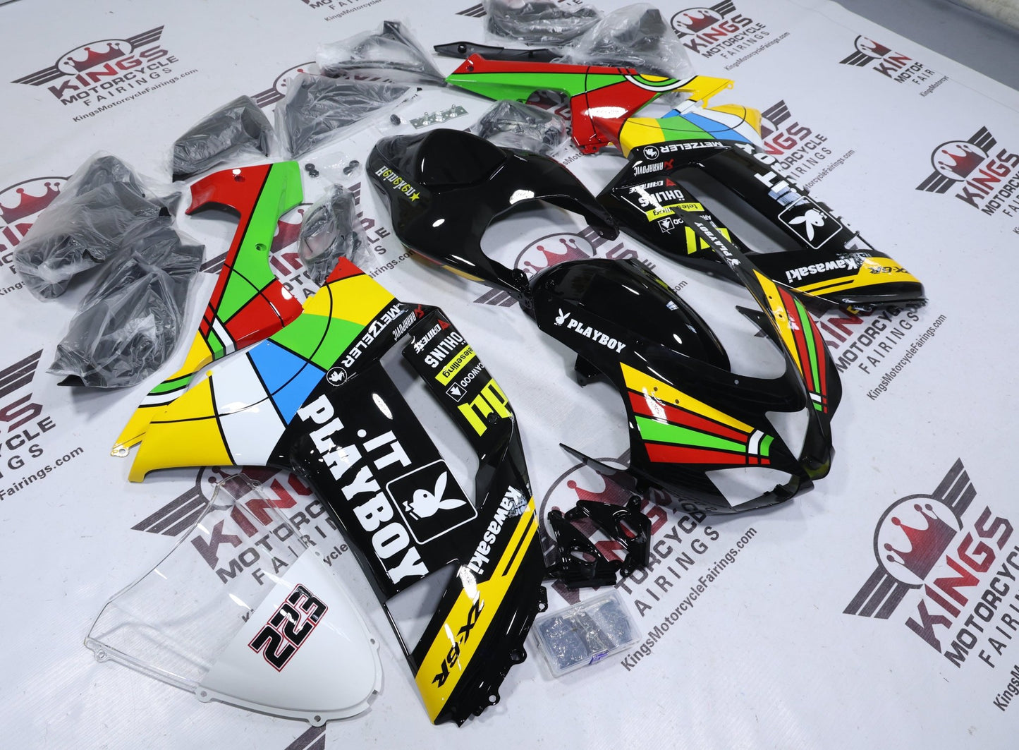 Fairings for Kawasaki Ninja ZX6R 636 (2007-2008) Black Playboy Colorwheel at KingsMotorcycleFairings.com