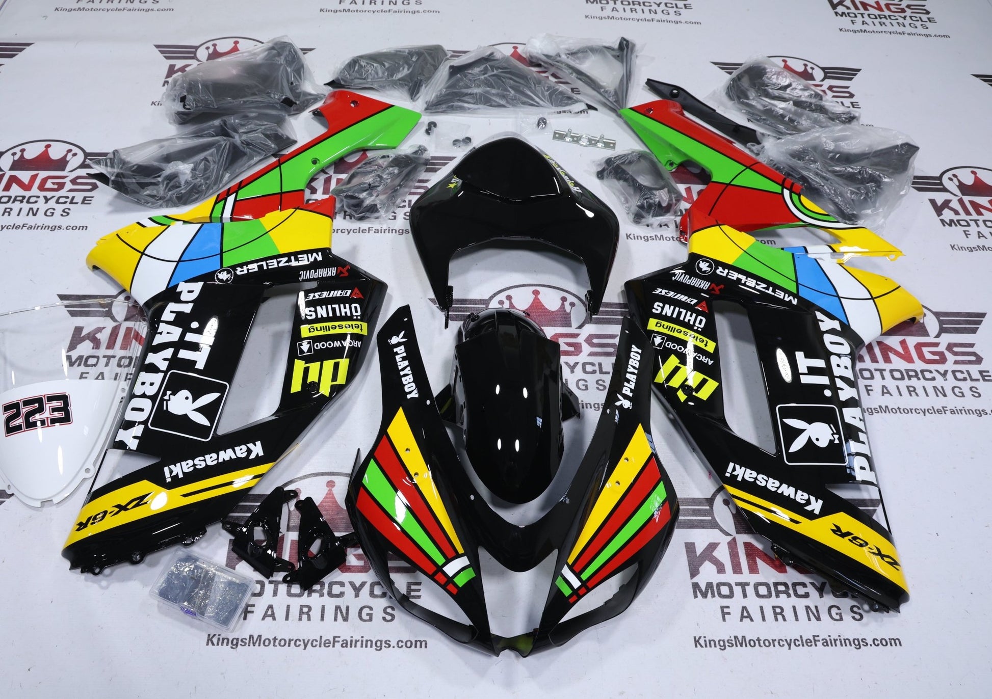 Fairings for Kawasaki Ninja ZX6R 636 (2007-2008) Black Playboy Colorwheel from KingsMotorcycleFairings.com